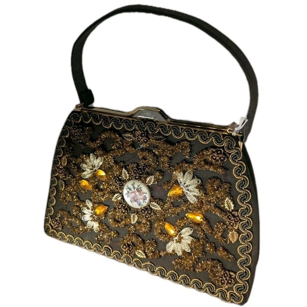 Vintage 1950s Black Beaded Evening‎ Bag Amber Floral Cabochon Frame Purse